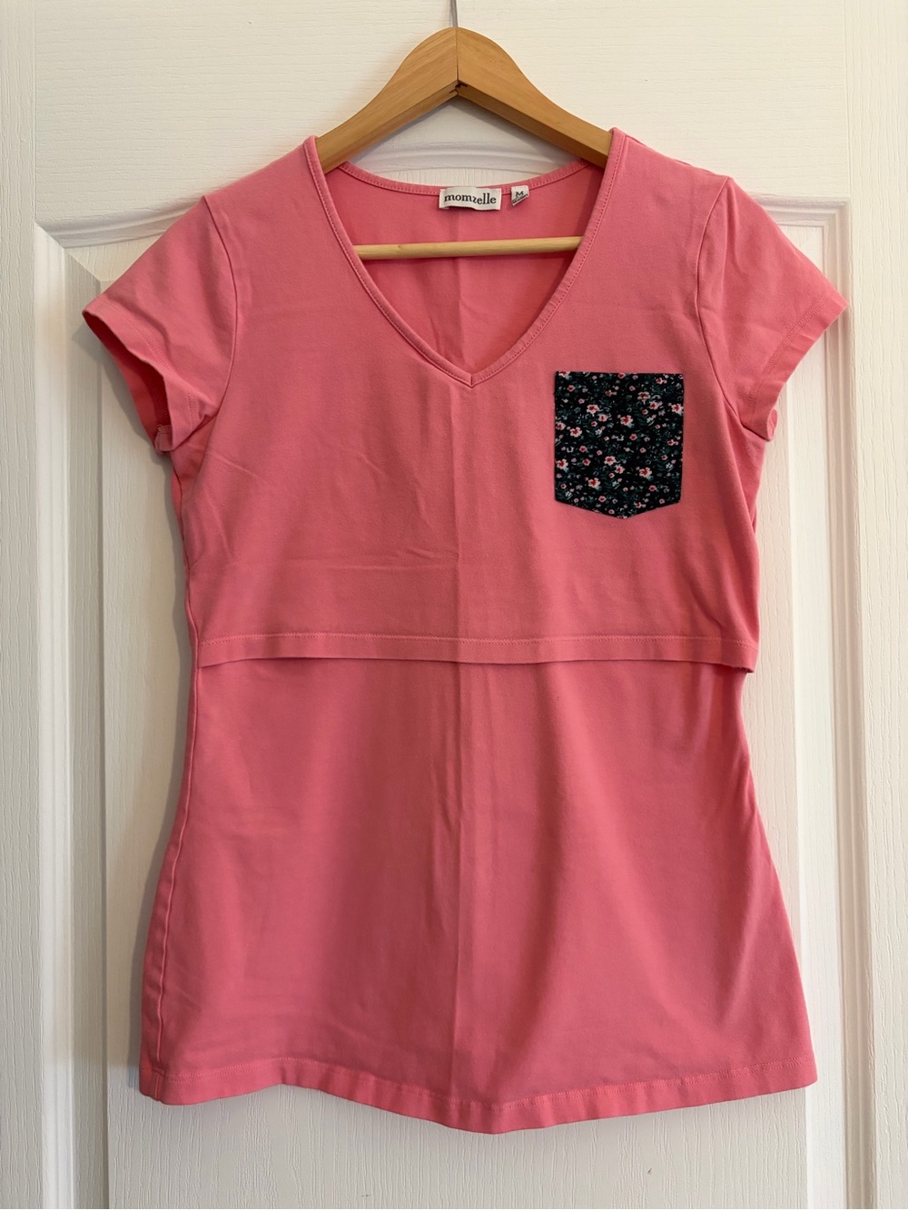 Momzelle Pink V-Neck Short Sleeve Nursing Tee with Floral Pocket